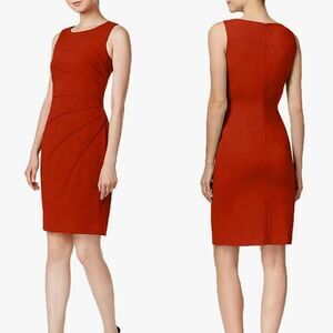 Calvin Klein Sleeveless Sheath Dress 6 Red Starburst Ruched Tea Length Holiday